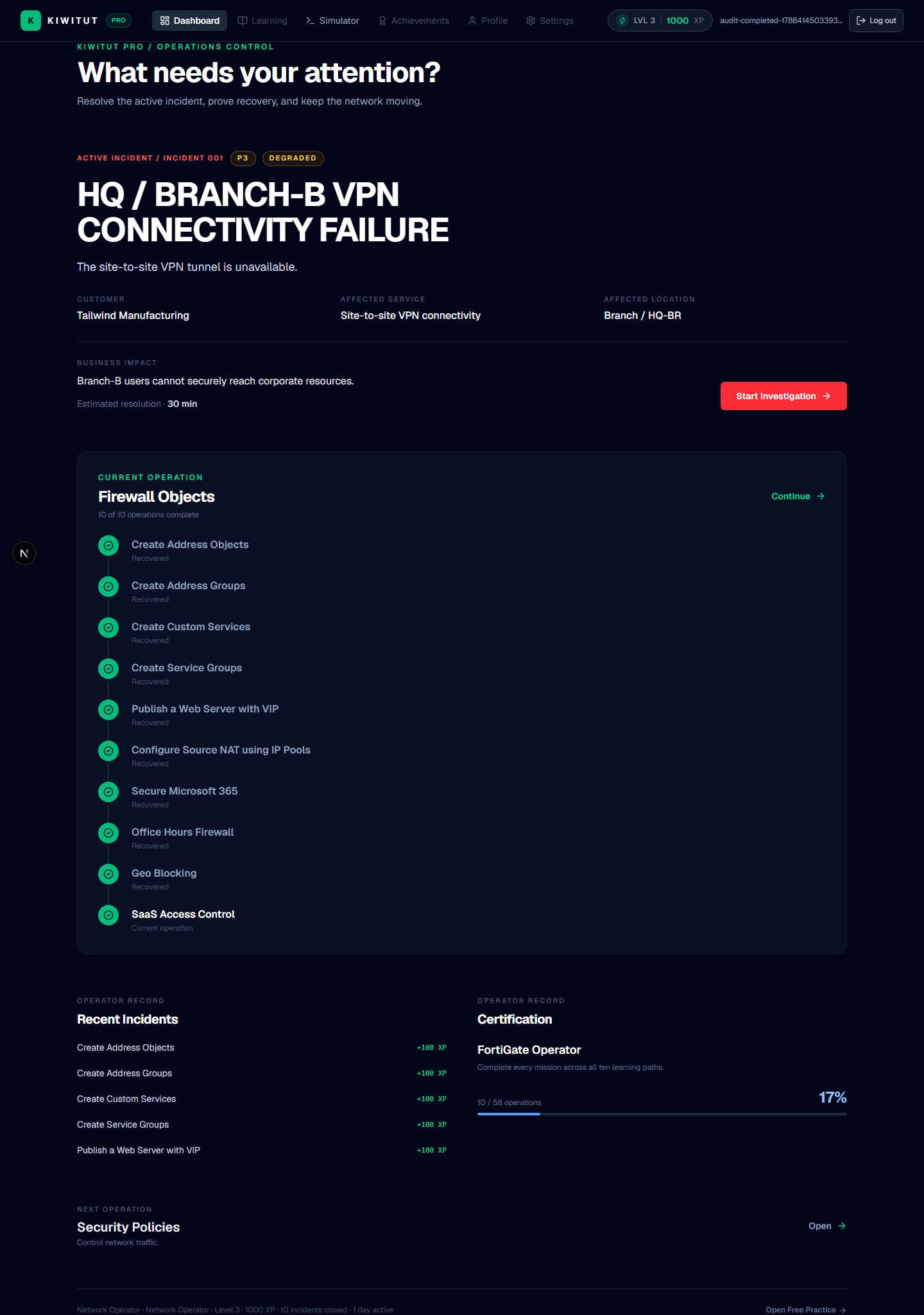 KiwiTut Pro recovery state showing the selected path and failover validation after an SD-WAN incident